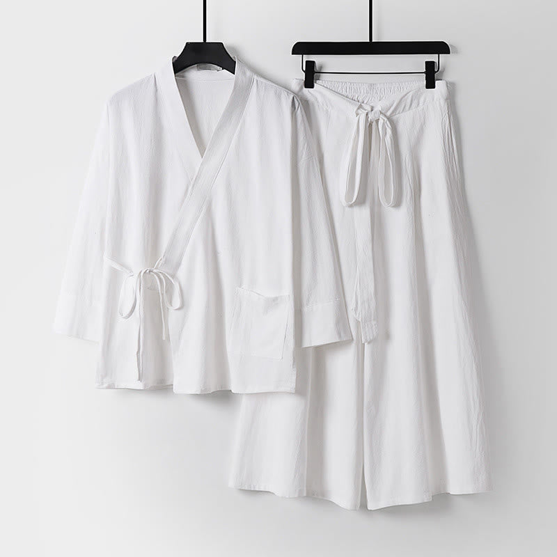 Buddha Stones 2Pcs Fall Lace-up Cotton Kimono Ankle-Length Wide Leg Pants With Pockets Men's Meditation Cloth Set - White - US/UK/AU54,EU64 (9XL) - image 17