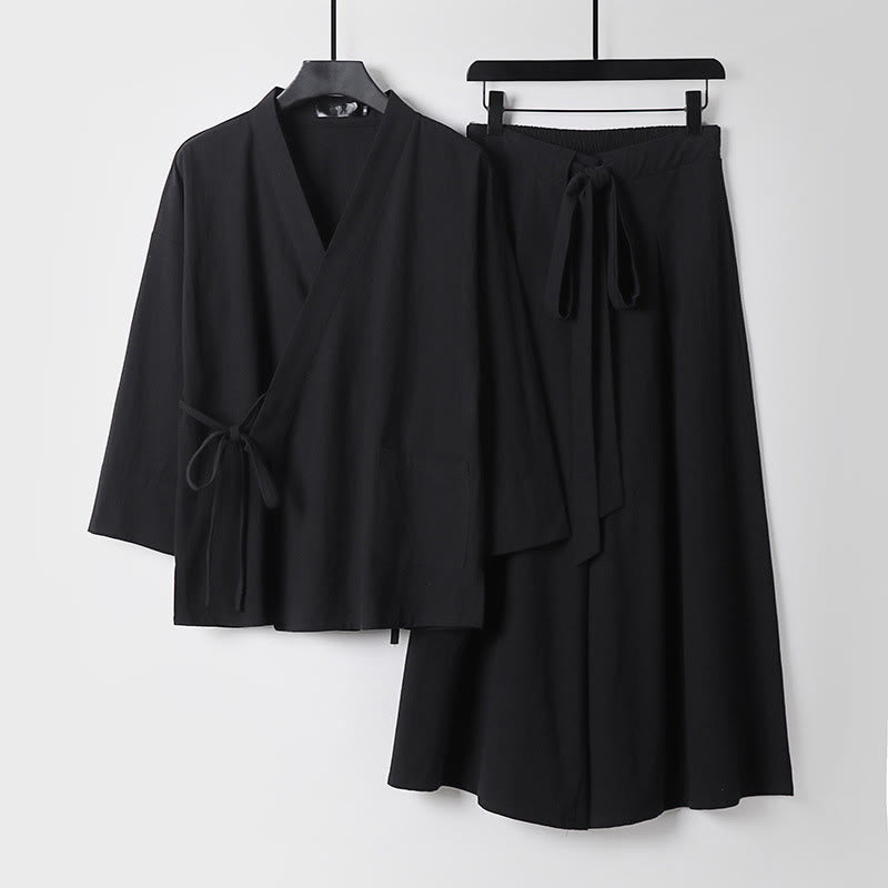 Buddha Stones 2Pcs Fall Lace-up Cotton Kimono Ankle-Length Wide Leg Pants With Pockets Men's Meditation Cloth Set - Black - US/UK/AU54,EU64 (9XL) - image 4