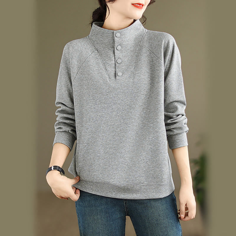 Buddha Stones Fall Solid Stand Collar Buttons Design Long Sleeve Women's Cotton Sweatshirt - LightGrey - US8-10,UK/AU12-14,EU40-42 (2XL) - image 5