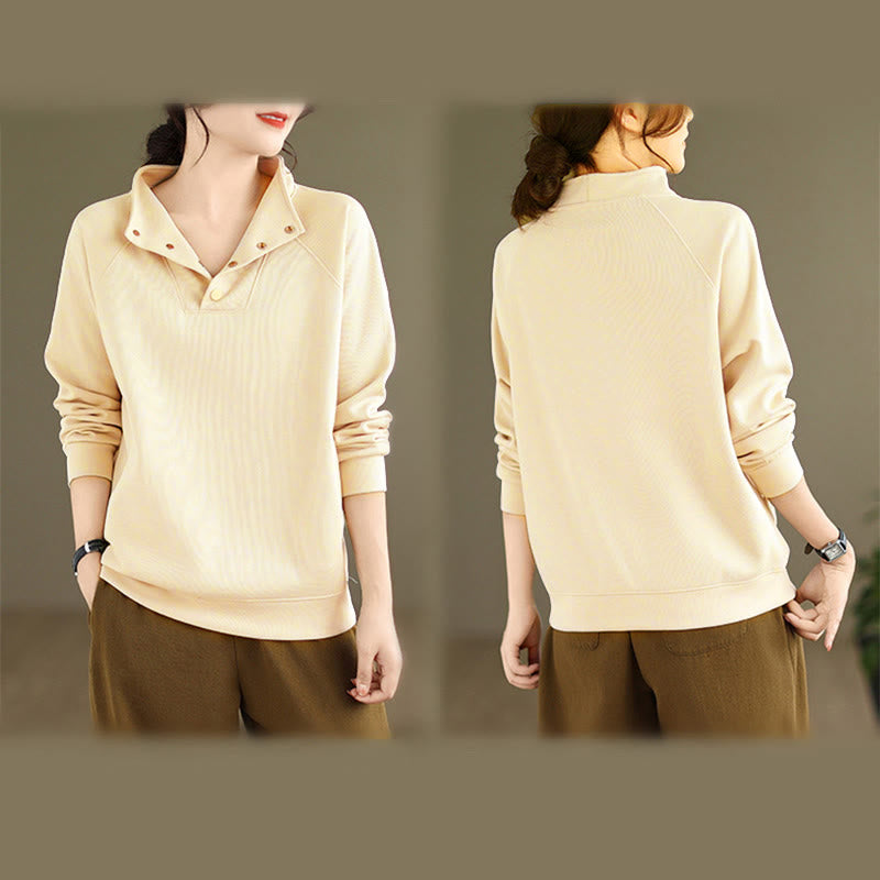 Buddha Stones Fall Solid Stand Collar Buttons Design Long Sleeve Women's Cotton Sweatshirt - image 14