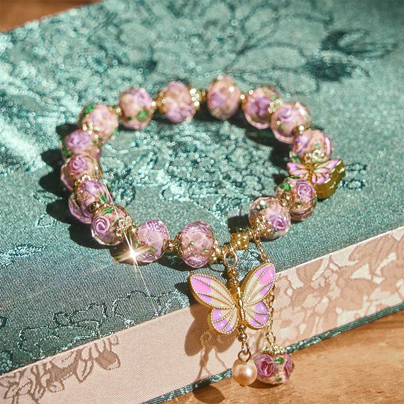 Buddha Stones Double Butterflies Charm Flower Liuli Glass Beaded Love Bracelet - image 3