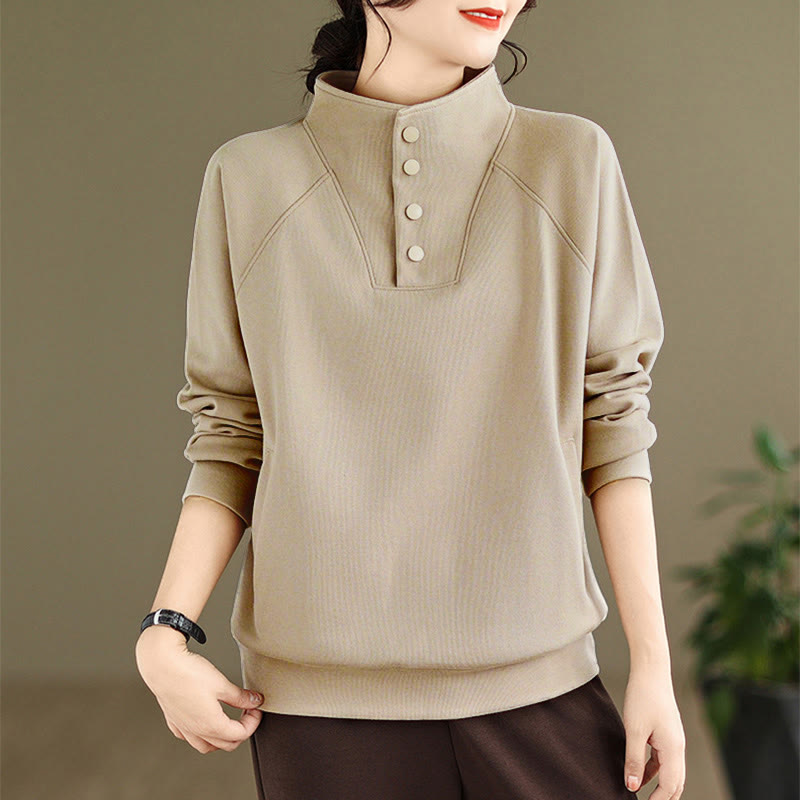 Buddha Stones Fall Solid Stand Collar Buttons Design Long Sleeve Women's Cotton Sweatshirt - Tan - US8-10,UK/AU12-14,EU40-42 (2XL) - image 21