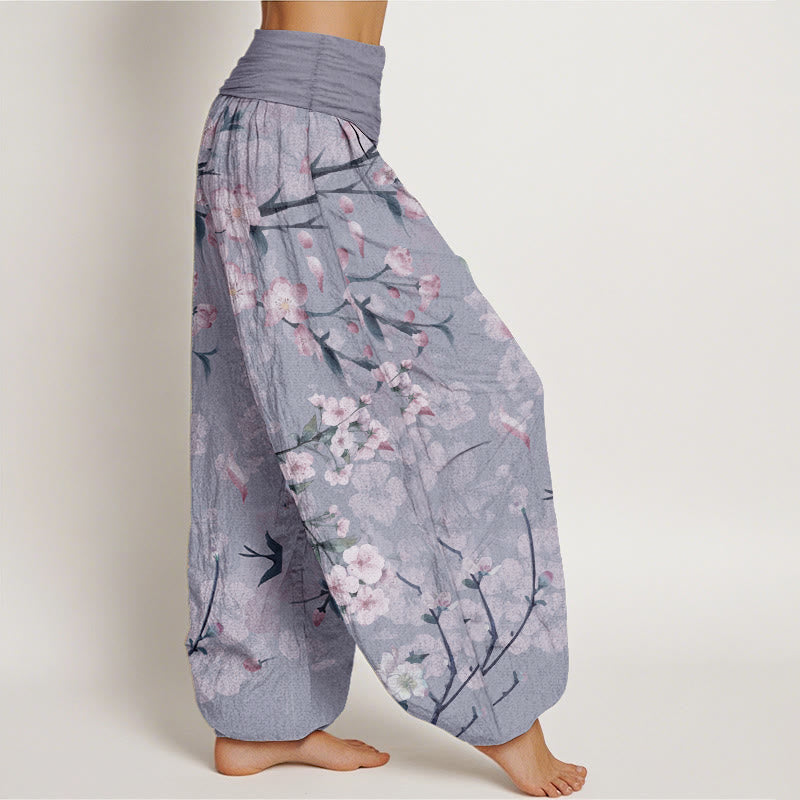 Buddha Stones Cotton Peach Blossoms Flying Geese Pattern Women's Elastic Waist Harem Pants - image 9