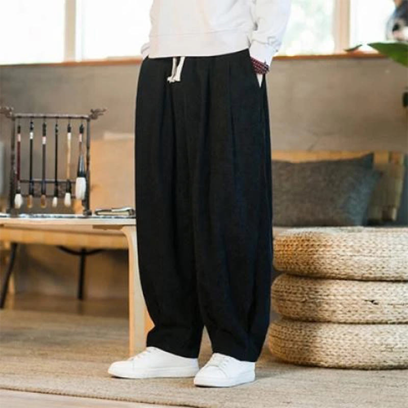 Buddha Stones Retro Men's Plain Fleece-Lined Corduroy Simple Design Harem Pants With Pockets - Black - US/UK/AU46,EU56 (5XL) - image 36