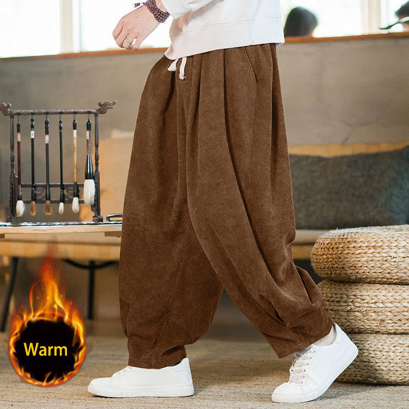 Buddha Stones Retro Men's Plain Fleece-Lined Corduroy Simple Design Harem Pants With Pockets - DarkGoldenrod(Fleece-Lined) - US/UK/AU46,EU56 (5XL) - image 0