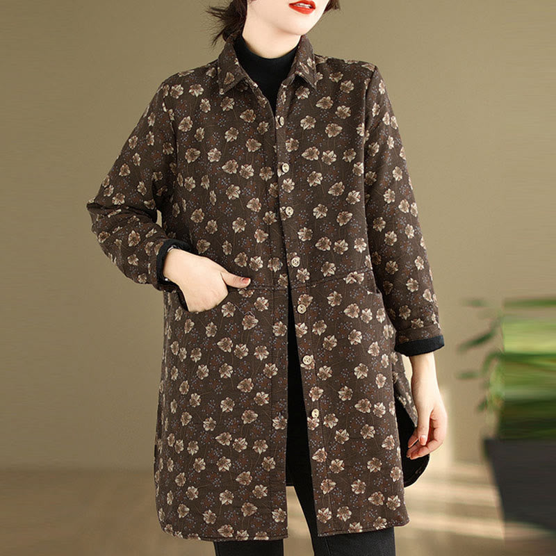 Buddha Stones Fall Winter Buttons Flower Patterns Long Sleeve Cotton Women's Jacket With Pockets - image 1