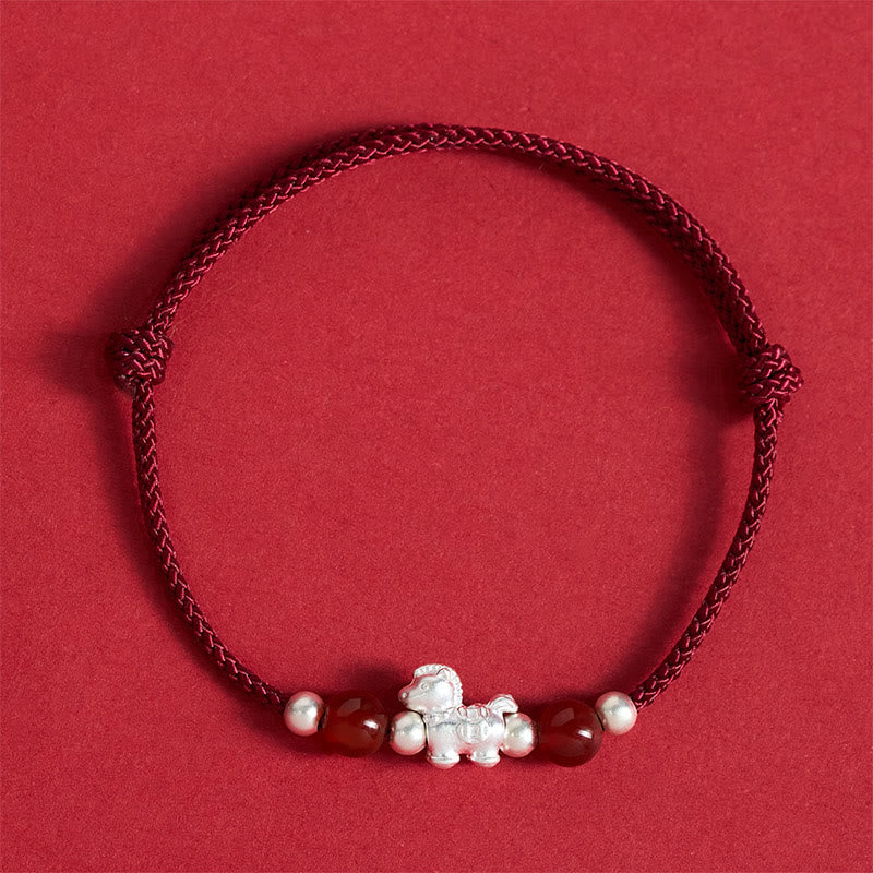 Buddha Stones 999 Sterling Silver Red Agate Year Of The Horse Prosperity String Bracelet - DarkRed Rope(Wrist Circumference: 14-21cm) - image 9