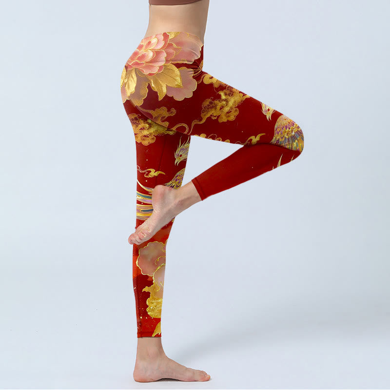 Buddha Stones Gorgeous Phoenix Peony Cloud Pattern Print Gym Leggings Women's Yoga Pants - image 3