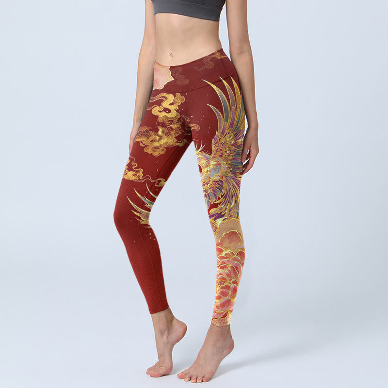 Buddha Stones Gorgeous Phoenix Peony Cloud Pattern Print Gym Leggings Women's Yoga Pants - FireBrick - US18,UK/AU22,EU50 (4XL) - image 0