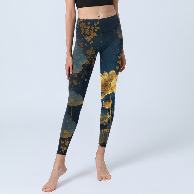 Buddha Stones Elegant Dignified Lotus Flower Leaf Spot Pattern Print Gym Leggings Women's Yoga Pants - image 5