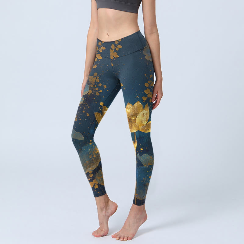 Buddha Stones Elegant Dignified Lotus Flower Leaf Spot Pattern Print Gym Leggings Women's Yoga Pants - SteelBlue - US18,UK/AU22,EU50 (4XL) - image 0