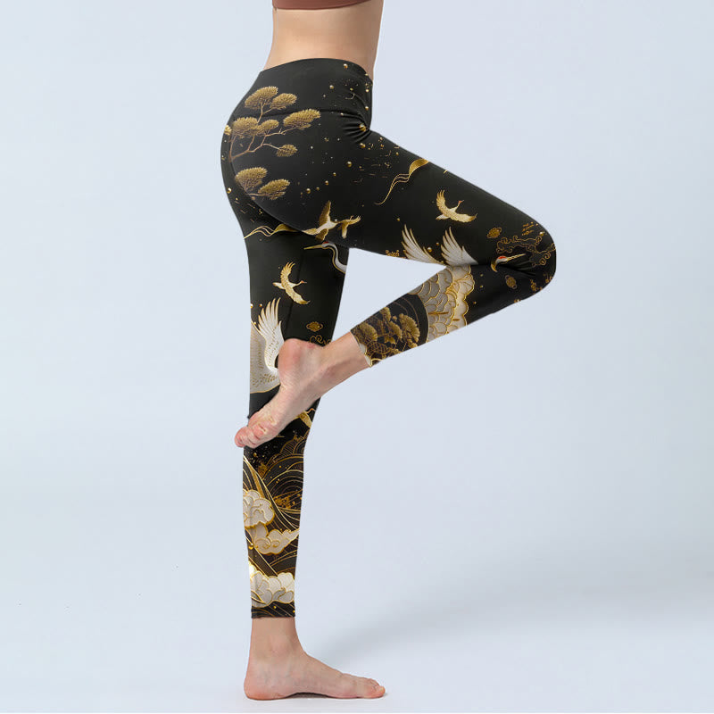 Buddha Stones Crane Cloud Waves Pine Tree Pattern With Delicate Lines Print Gym Leggings Women's Yoga Pants - image 3