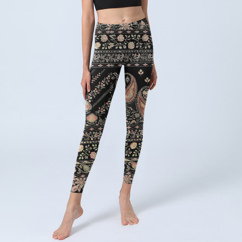 Buddha Stones Retro Repetitive Flower Leaf Vine Pattern Print Gym Leggings Women's Yoga Pants - image 5