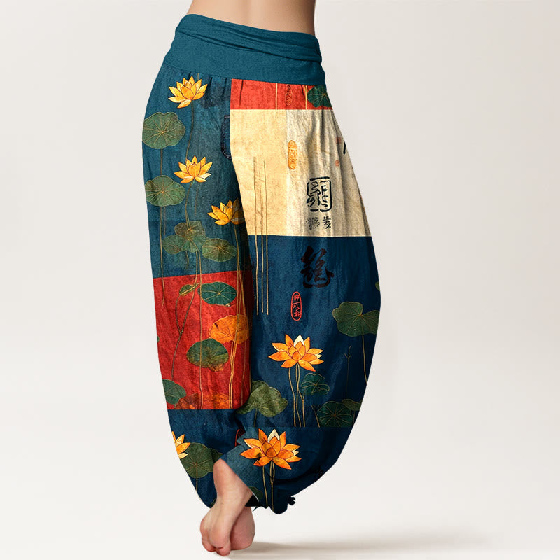 Buddha Stones Pure Cotton Strong Visual Impact Lotus Flowers Leaves Pattern Women's Elastic Waist Harem Pants - image 9