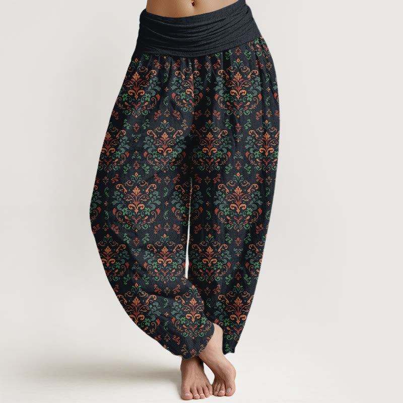 Buddha Stones Pure Cotton Retro Symmetrical Flower Leaf Pattern Women's Elastic Waist Harem Pants - Black - US16,UK/AU20,EU48 (3XL) - image 0