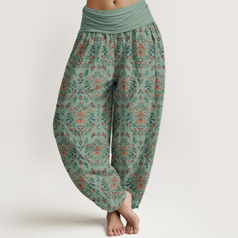 Buddha Stones Pure Cotton Retro Symmetrical Flower Leaf Pattern Women's Elastic Waist Harem Pants - MediumAquamarine - US16,UK/AU20,EU48 (3XL) - image 5