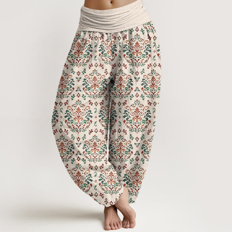 Buddha Stones Pure Cotton Retro Symmetrical Flower Leaf Pattern Women's Elastic Waist Harem Pants - Beige - US16,UK/AU20,EU48 (3XL) - image 8