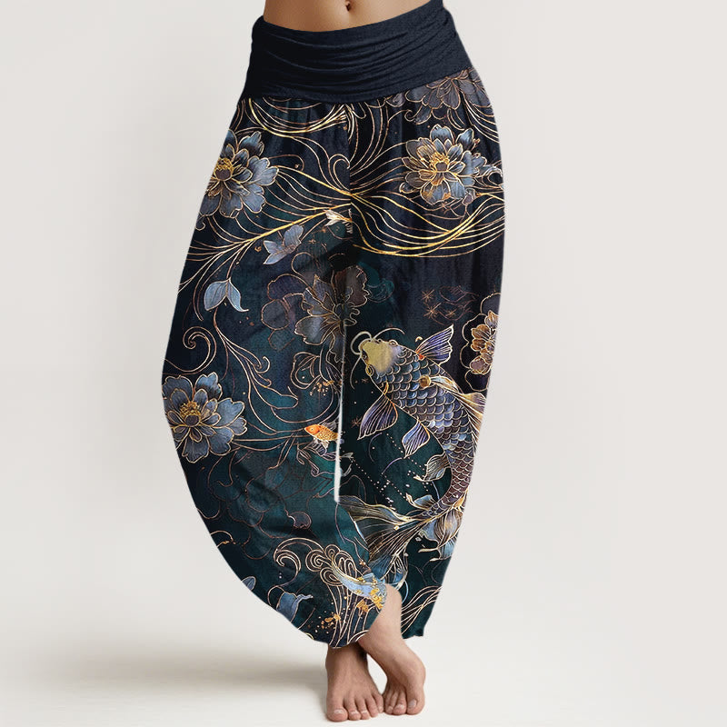 Buddha Stones Pure Cotton Dreamlike Koi Fish Peony Curve Pattern Women's Elastic Waist Harem Pants - Black - US16,UK/AU20,EU48 (3XL) - image 5