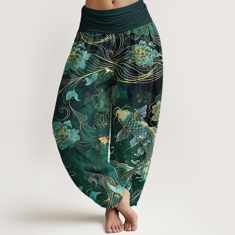 Buddha Stones Pure Cotton Dreamlike Koi Fish Peony Curve Pattern Women's Elastic Waist Harem Pants - DarkGreen - US16,UK/AU20,EU48 (3XL) - image 8
