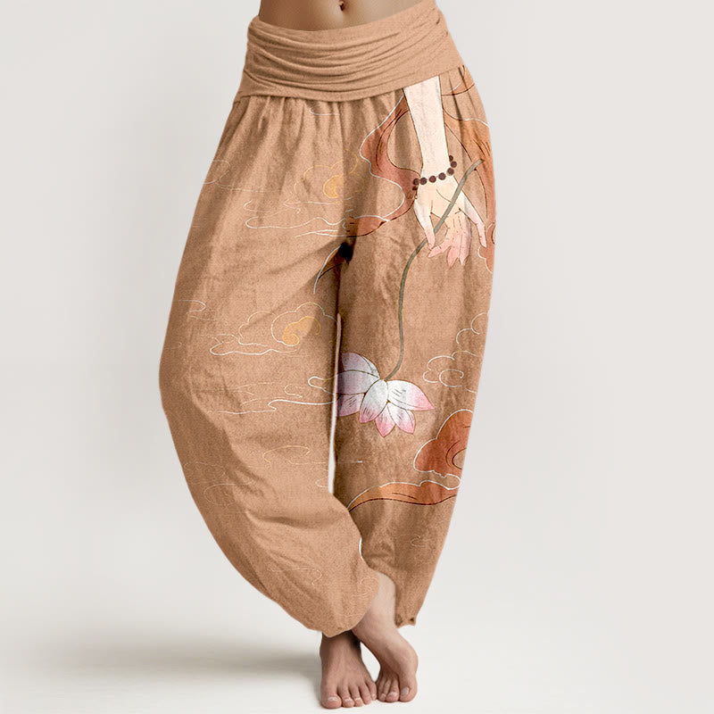Buddha Stones Pure Cotton Lotus Flower Flowing Ribbons Hand Wearing Prayer Beads Clouds Pattern Women's Elastic Waist Harem Pants - LightSalmon - US16,UK/AU20,EU48 (3XL) - image 0