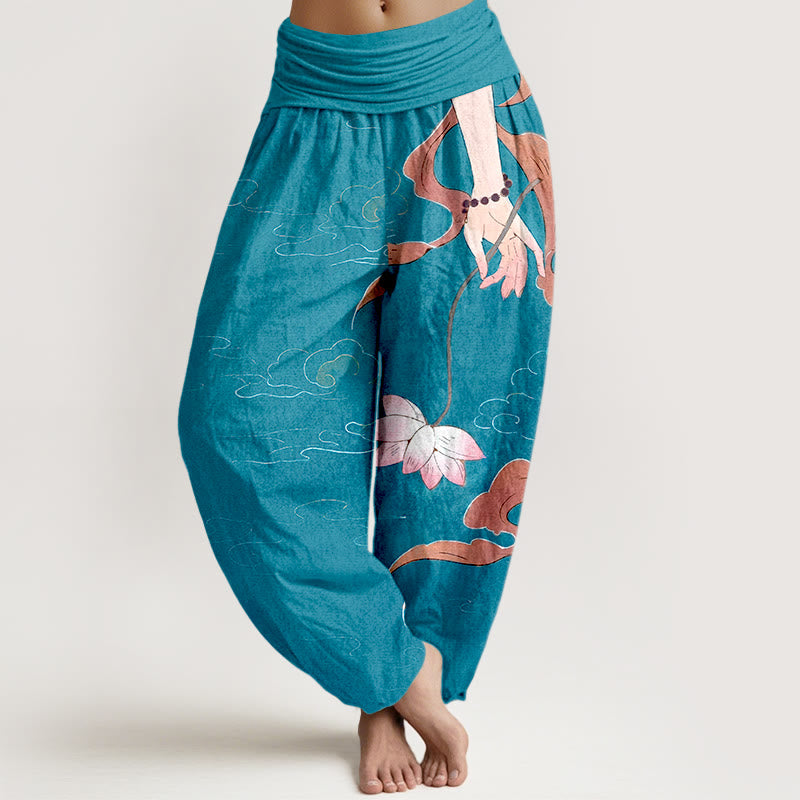 Buddha Stones Pure Cotton Lotus Flower Flowing Ribbons Hand Wearing Prayer Beads Clouds Pattern Women's Elastic Waist Harem Pants - DeepSkyBlue - US16,UK/AU20,EU48 (3XL) - image 5