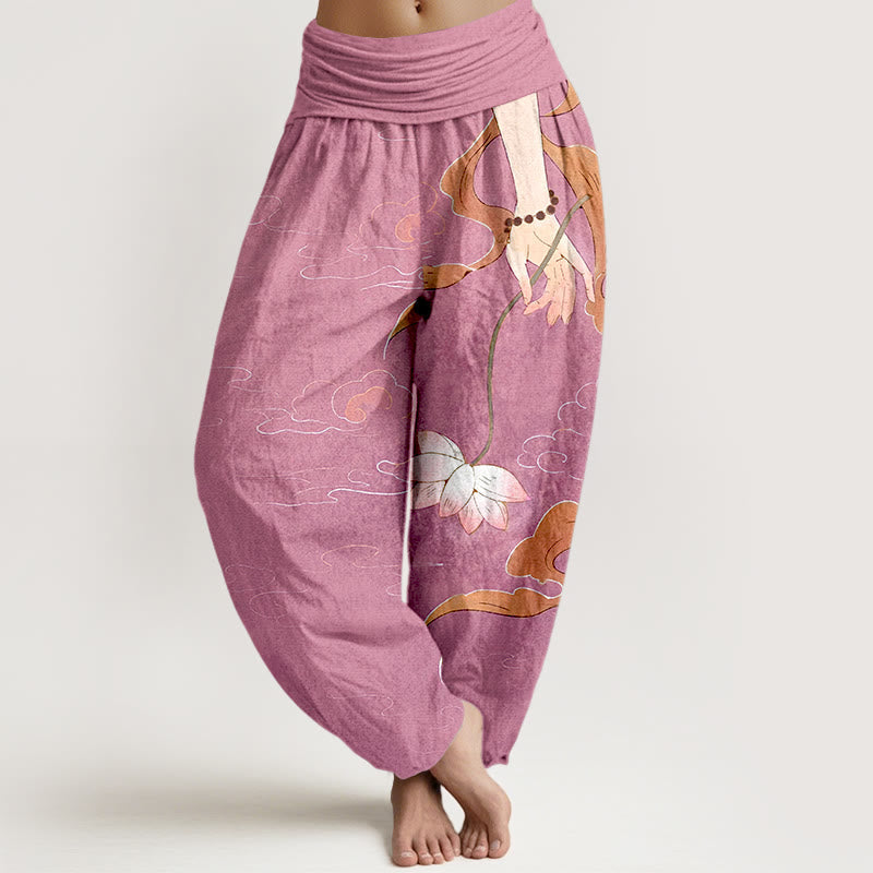 Buddha Stones Pure Cotton Lotus Flower Flowing Ribbons Hand Wearing Prayer Beads Clouds Pattern Women's Elastic Waist Harem Pants - HotPink - US16,UK/AU20,EU48 (3XL) - image 8