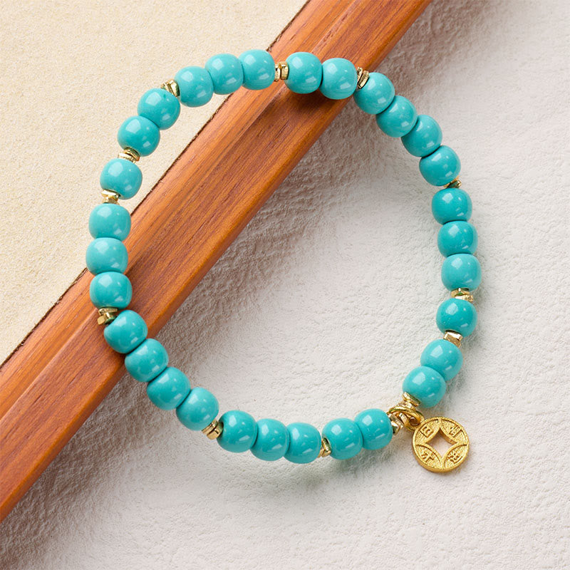 Buddha Stones Copper Coins Charm Imitation Turquoise Attract Wealth Bracelet - image 1