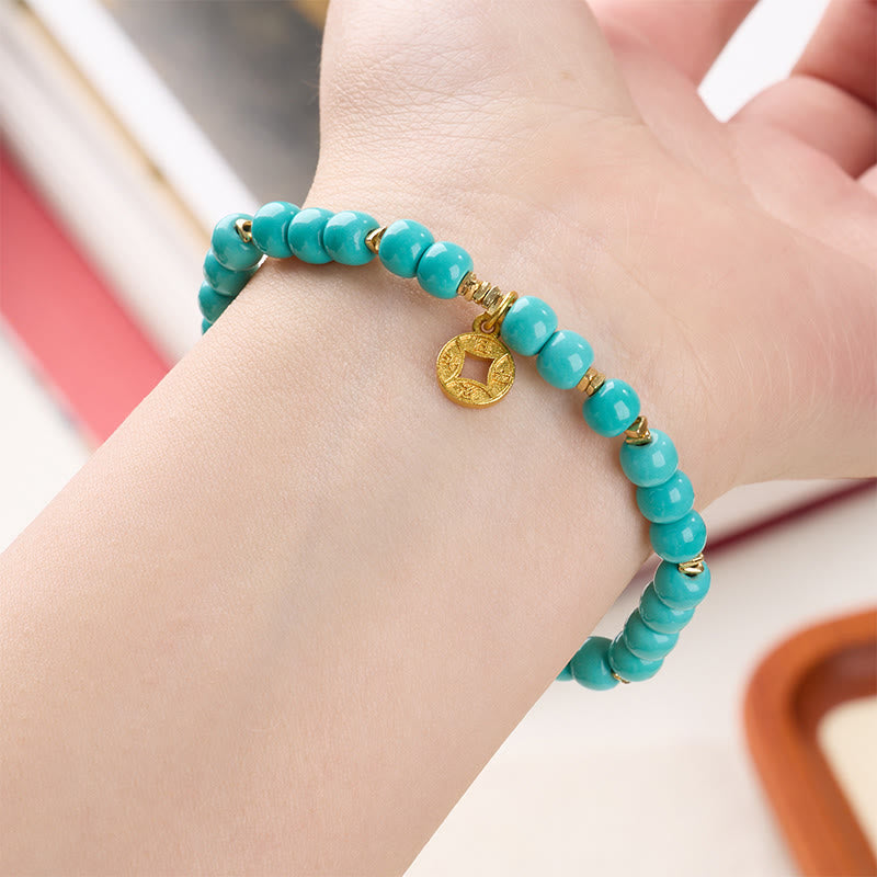 Buddha Stones Copper Coins Charm Imitation Turquoise Attract Wealth Bracelet - image 2