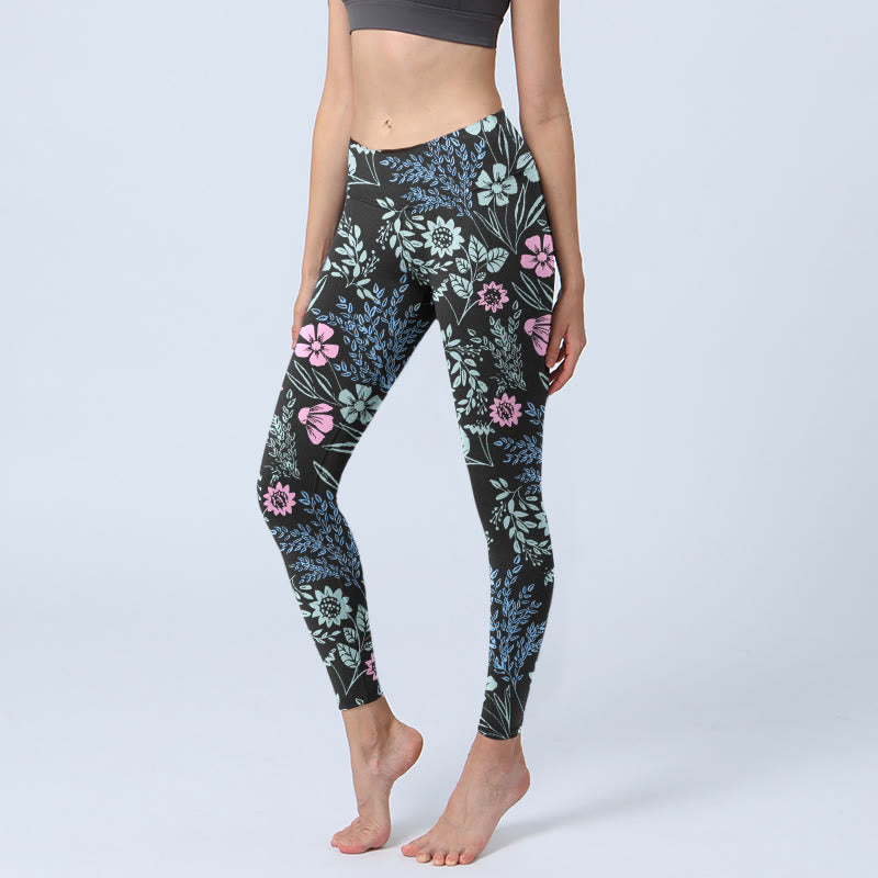 Buddha Stones Bold Color Contrast Flower Leaf Pattern Print Gym Leggings Women's Yoga Pants - Black - US18,UK/AU22,EU50 (4XL) - image 0