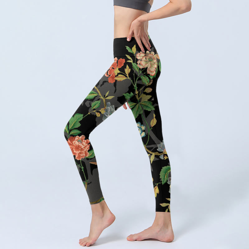 Buddha Stones Classical Flower Leaf Butterfly Bird Pattern Print Gym Leggings Women's Yoga Pants - image 2