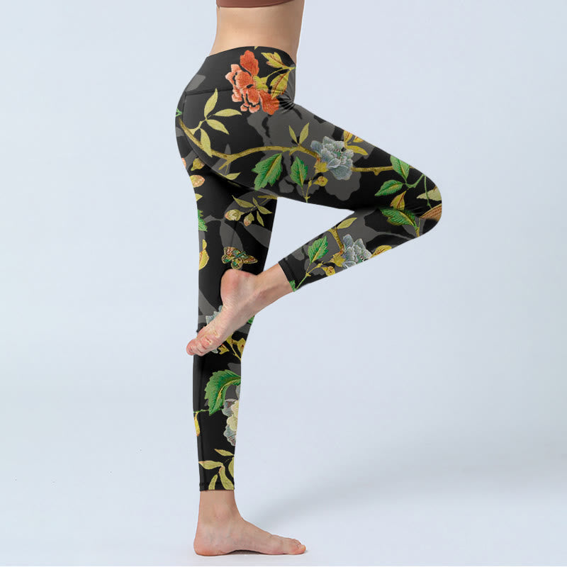 Buddha Stones Classical Flower Leaf Butterfly Bird Pattern Print Gym Leggings Women's Yoga Pants - image 3