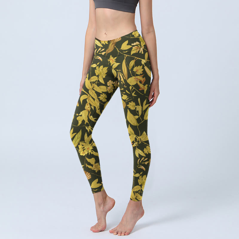 Buddha Stones Luxurious Flower Leaf Bird Pattern Print Gym Leggings Women's Yoga Pants - Black - US18,UK/AU22,EU50 (4XL) - image 0