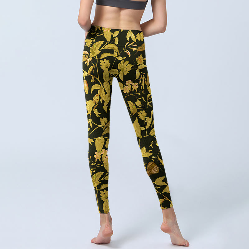 Buddha Stones Luxurious Flower Leaf Bird Pattern Print Gym Leggings Women's Yoga Pants - image 6