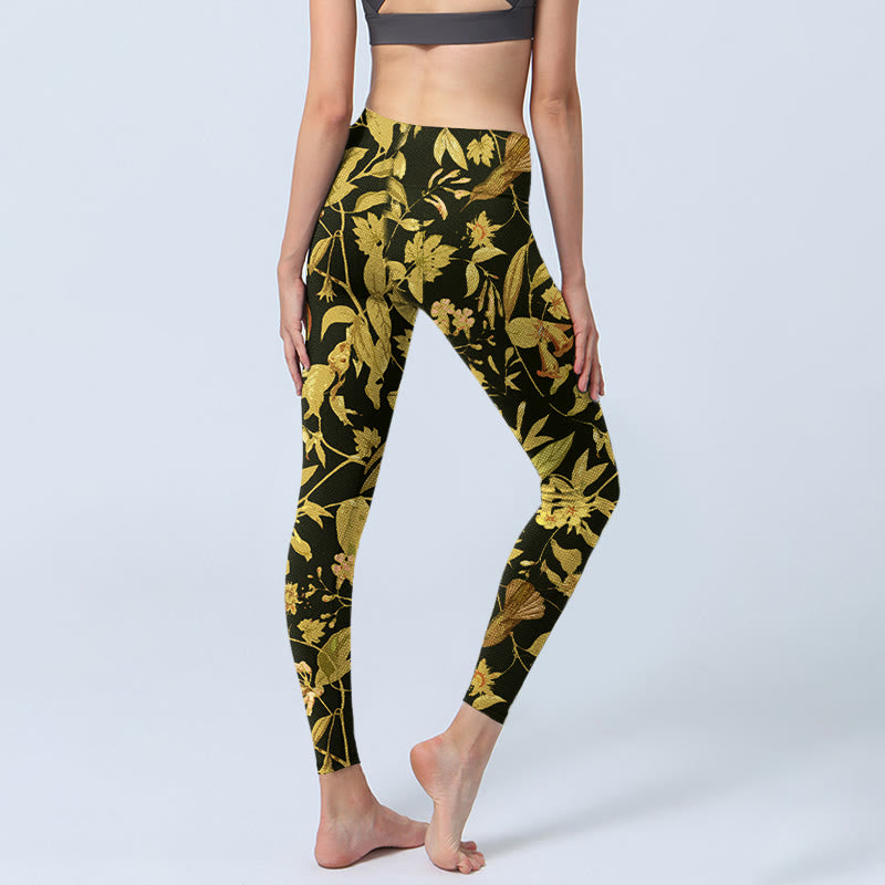 Buddha Stones Luxurious Flower Leaf Bird Pattern Print Gym Leggings Women's Yoga Pants - image 4