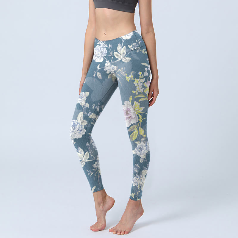 Buddha Stones Softly Colored Flower Leaf Pattern Print Gym Leggings Women's Yoga Pants - SteelBlue - US18,UK/AU22,EU50 (4XL) - image 0