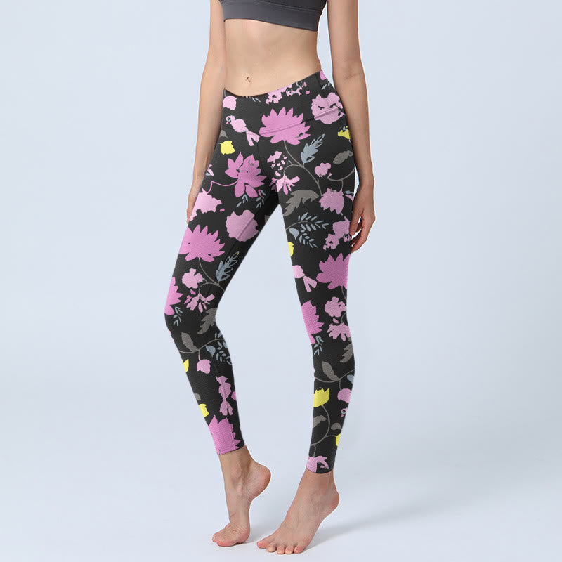 Buddha Stones Watercolor Style Softly Colored Flower Leaf Pattern Print Gym Leggings Women's Yoga Pants - Black - US18,UK/AU22,EU50 (4XL) - image 0