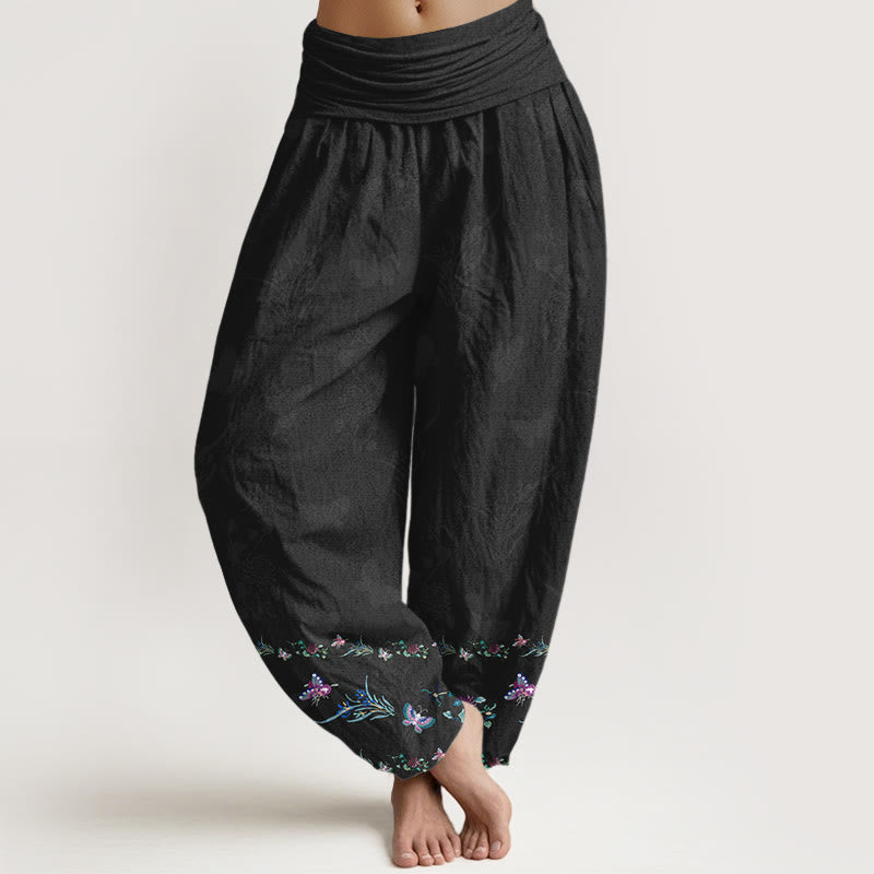 Buddha Stones Pure Cotton Trouser Legs Neatly Arranged Butterfly Grass Flower Pattern Women's Elastic Waist Harem Pants - Black - US16,UK/AU20,EU48 (3XL) - image 0