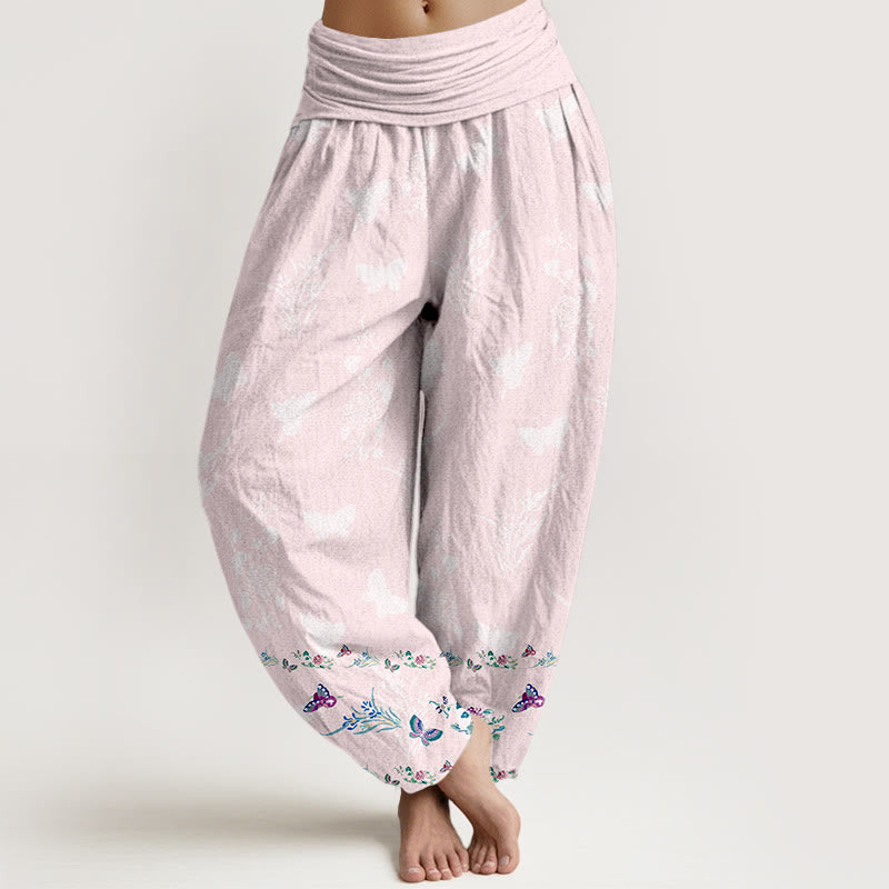 Buddha Stones Pure Cotton Trouser Legs Neatly Arranged Butterfly Grass Flower Pattern Women's Elastic Waist Harem Pants - MistyRose - US16,UK/AU20,EU48 (3XL) - image 8
