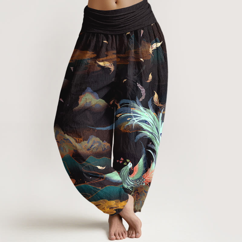 Buddha Stones Pure Cotton Gorgeous Phoenix Mountain Cloud Pattern Women's Elastic Waist Harem Pants - Black - US16,UK/AU20,EU48 (3XL) - image 5