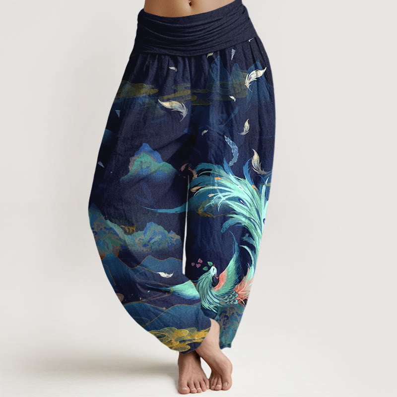 Buddha Stones Pure Cotton Gorgeous Phoenix Mountain Cloud Pattern Women's Elastic Waist Harem Pants - Navy - US16,UK/AU20,EU48 (3XL) - image 8