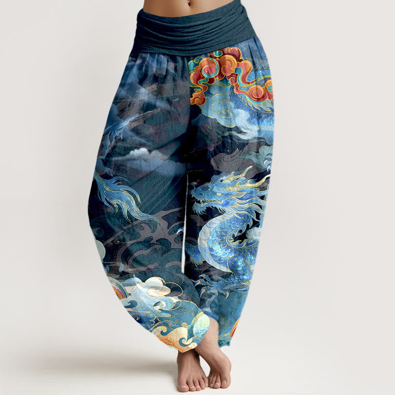 Buddha Stones Pure Cotton Gorgeous Dragon Cloud Rainbow Pattern Women's Elastic Waist Harem Pants - SteelBlue - US16,UK/AU20,EU48 (3XL) - image 0