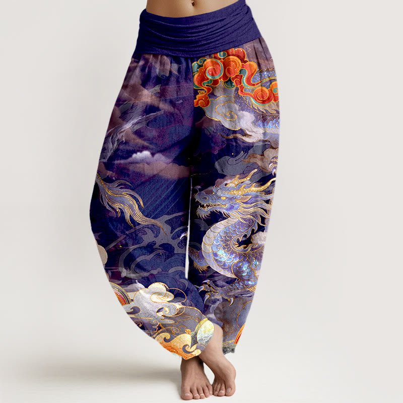 Buddha Stones Pure Cotton Gorgeous Dragon Cloud Rainbow Pattern Women's Elastic Waist Harem Pants - Indigo - US16,UK/AU20,EU48 (3XL) - image 5