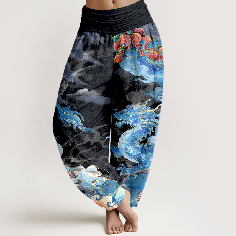 Buddha Stones Pure Cotton Gorgeous Dragon Cloud Rainbow Pattern Women's Elastic Waist Harem Pants - Black - US16,UK/AU20,EU48 (3XL) - image 8