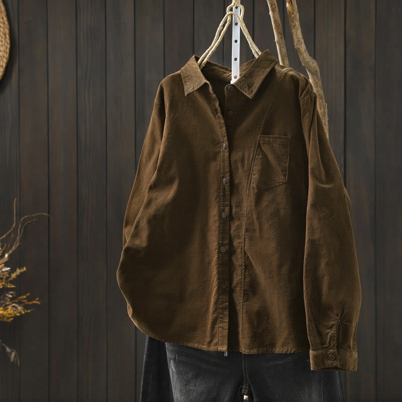 Buddha Stones Fall Solid Button Down Decorative Pocket Stand Collar Long Sleeve Women's Cotton Shirt - SaddleBrown - US4,UK/AU8,EU36 (L) - image 0