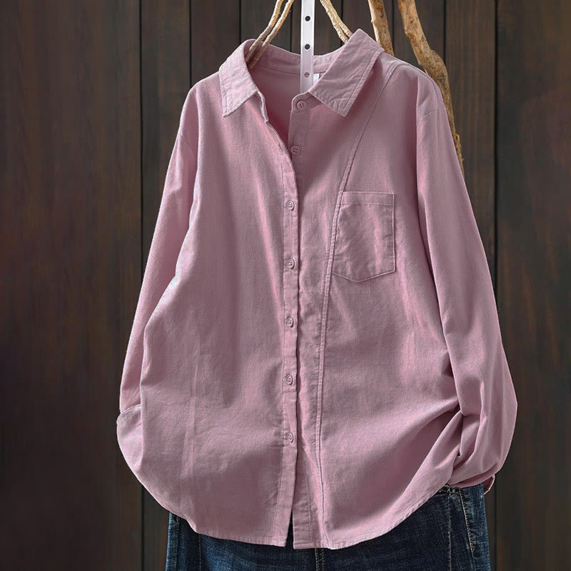 Buddha Stones Fall Solid Button Down Decorative Pocket Stand Collar Long Sleeve Women's Cotton Shirt - image 20