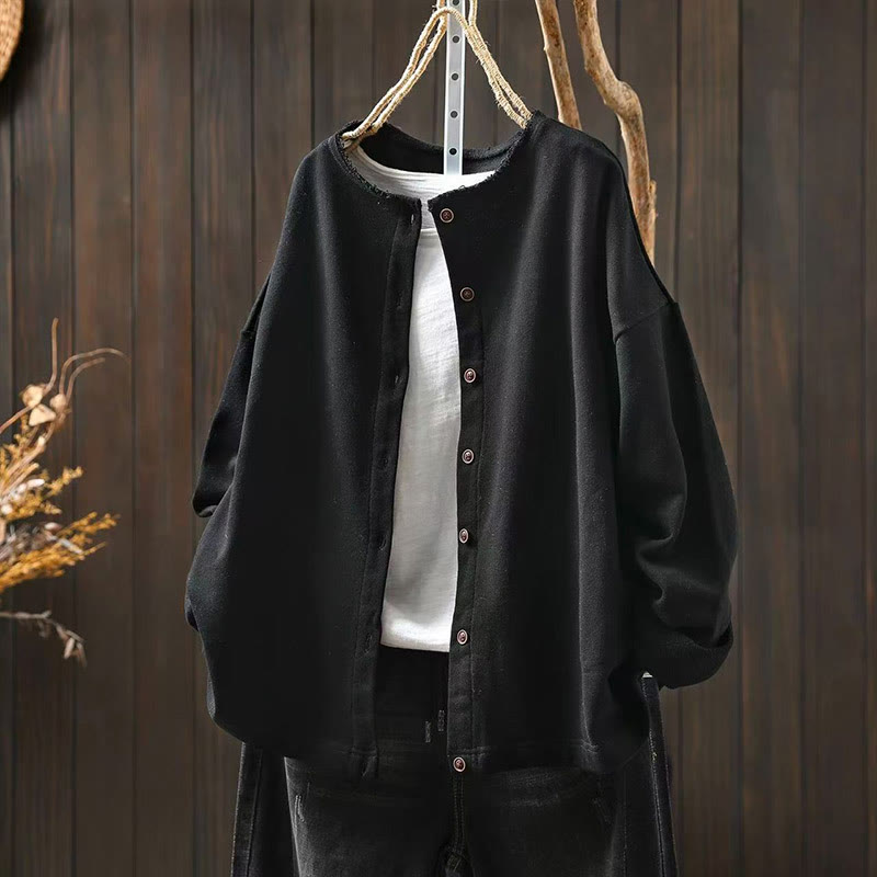 Buddha Stones Fall Solid Button Down Crew Neck Long Sleeve Women's Cotton Shirt - Black - US4-8/10,UK/AU8-12/14,EU36-40/42 (F) - image 16