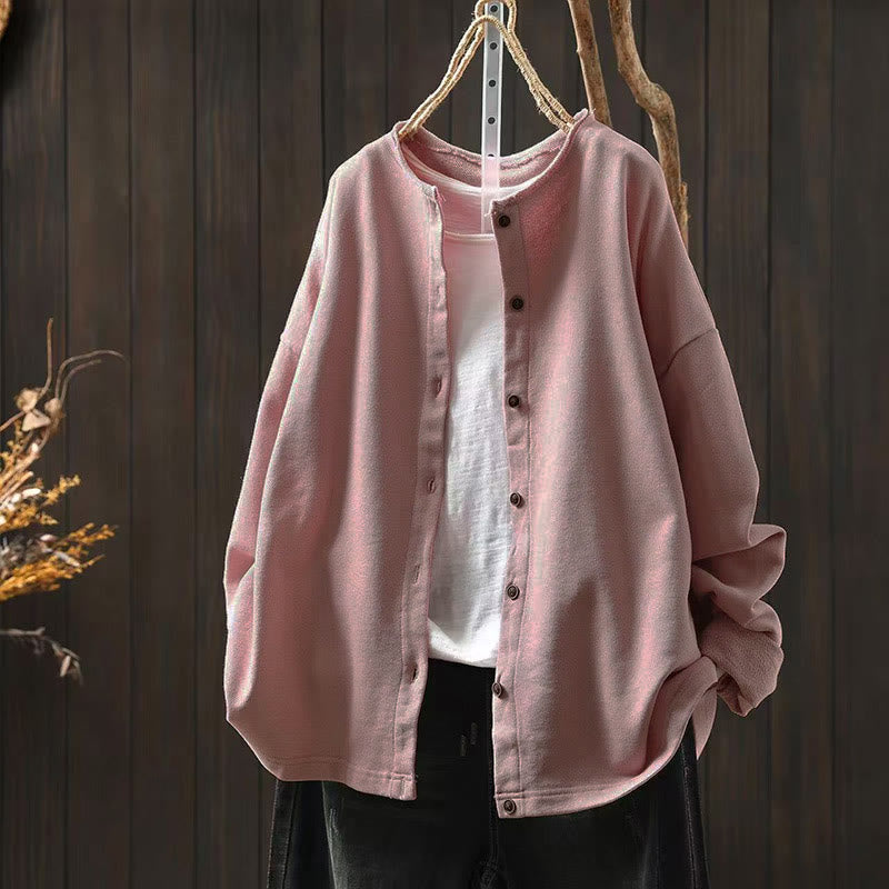 Buddha Stones Fall Solid Button Down Crew Neck Long Sleeve Women's Cotton Shirt - Pink - US4-8/10,UK/AU8-12/14,EU36-40/42 (F) - image 1