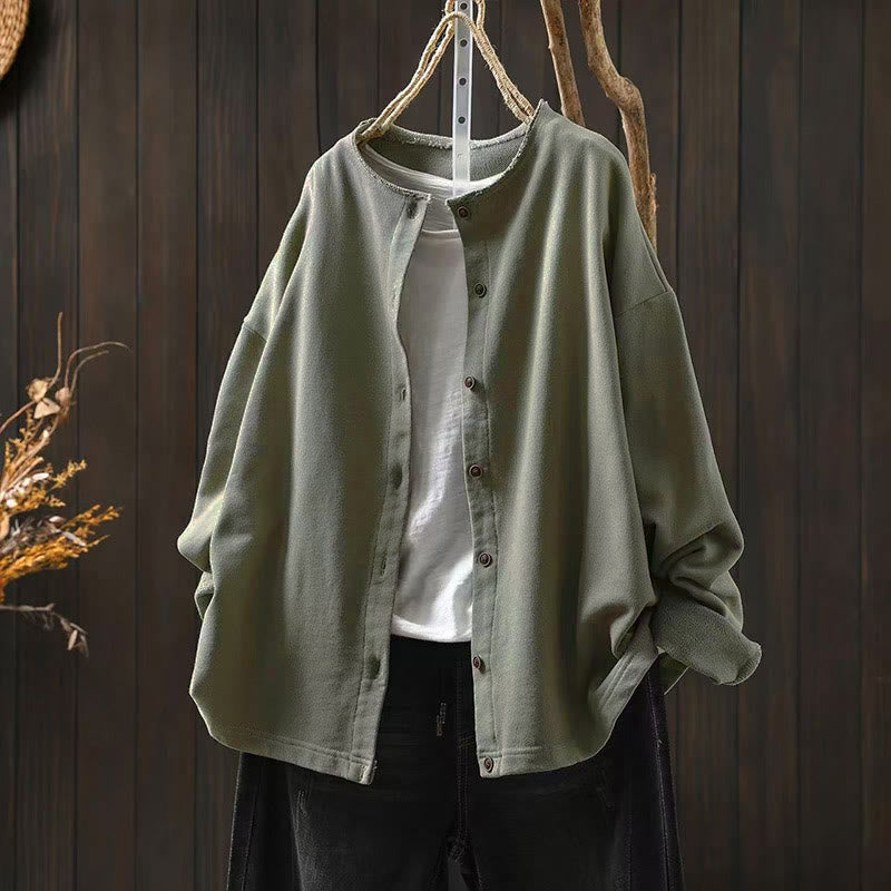 Buddha Stones Fall Solid Button Down Crew Neck Long Sleeve Women's Cotton Shirt - DarkSeaGreen - US4-8/10,UK/AU8-12/14,EU36-40/42 (F) - image 22
