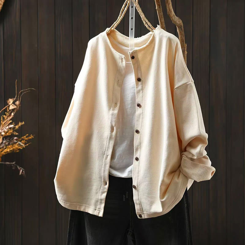 Buddha Stones Fall Solid Button Down Crew Neck Long Sleeve Women's Cotton Shirt - Beige - US4-8/10,UK/AU8-12/14,EU36-40/42 (F) - image 20