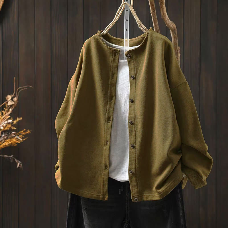 Buddha Stones Fall Solid Button Down Crew Neck Long Sleeve Women's Cotton Shirt - DarkKhaki - US4-8/10,UK/AU8-12/14,EU36-40/42 (F) - image 0